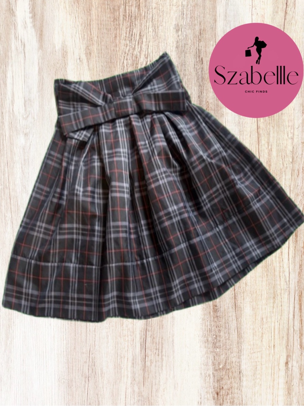 Plaid Pleated Skirt with Bow - Black/Gray/Red